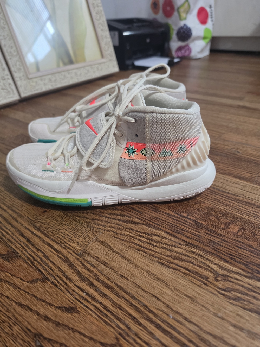 Nike Kids High-Top Athletic Sneakers in Cream with Neon Pink and Teal Accents
